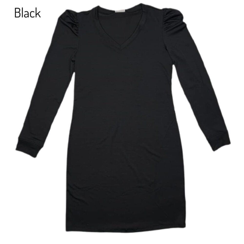 NEW L‎ LuLaRoe Ava Long Sleeve Solid Black Dress Poof Sleeve Fitted Stretch 90S